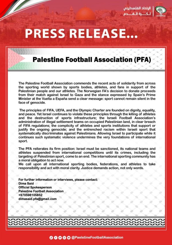 Hiệp hội bóng đá Palestine tuyên bố rằng lệnh cấm toàn cầu phải được áp đặt đối với Israel và kêu gọ